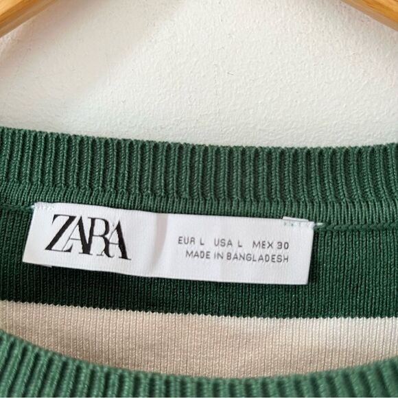 Zara NWOT Green Cream‎ Striped Crop Long Sleeve Crewneck Sweater - Picture 5 of 7